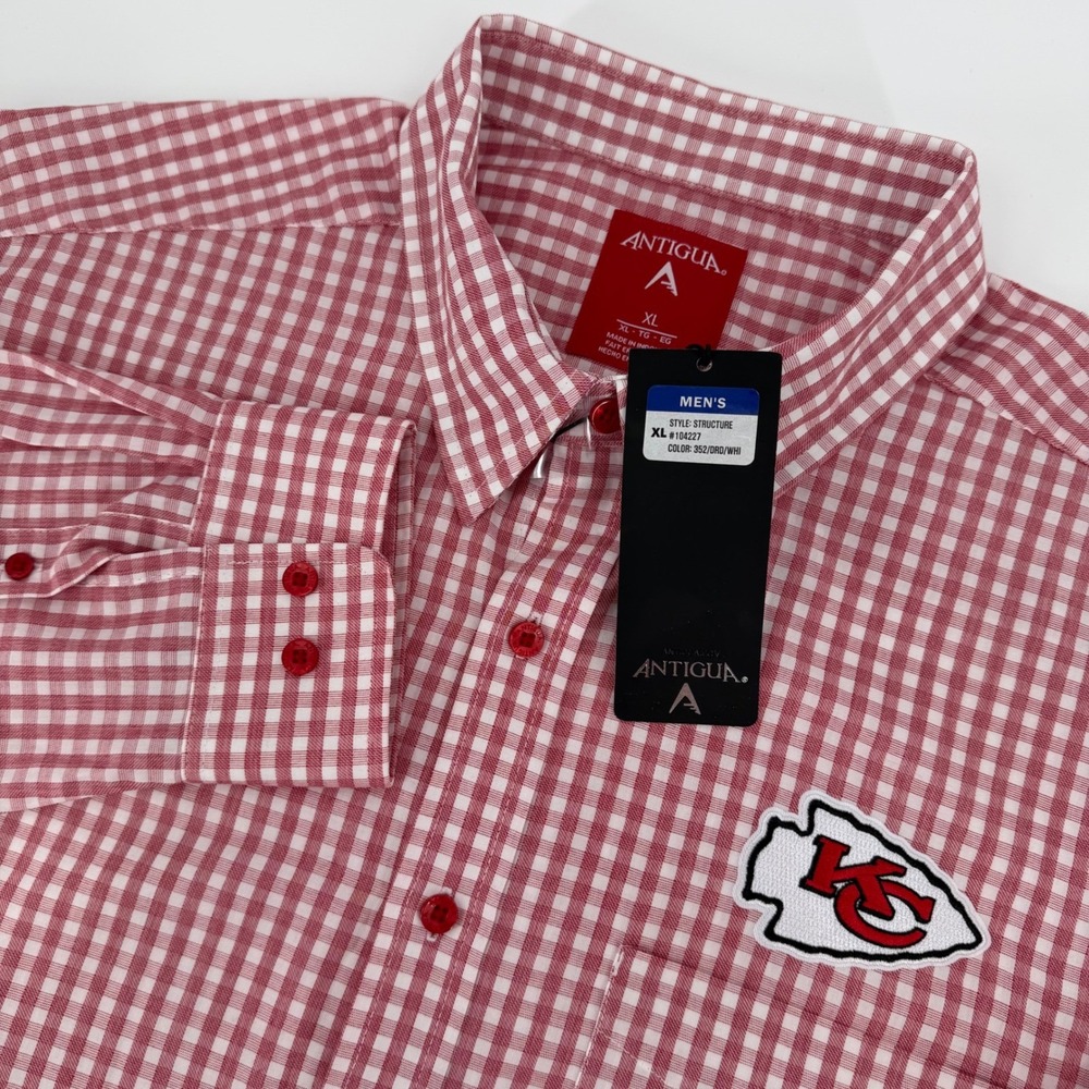 Antigua Mens Kansas City Chiefs Gingham Button Down Shirt Red White XL 104227